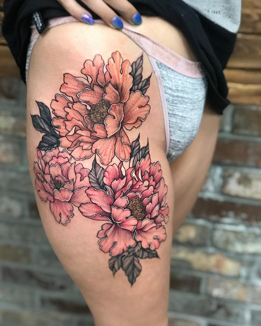 Blooming Peony Thigh Cluster Tattoo Tattoo Design