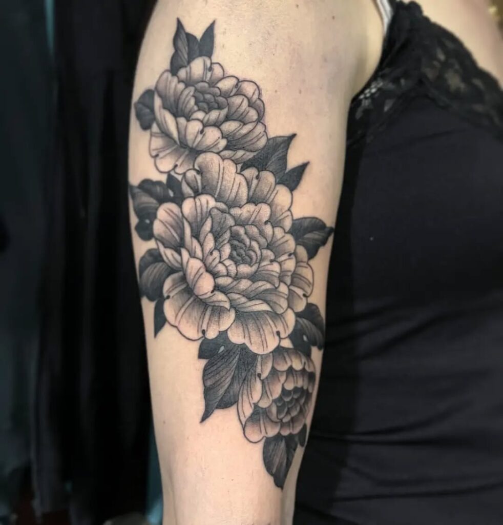 Bold Black and Grey Peony Trio Tattoo Tattoo Design