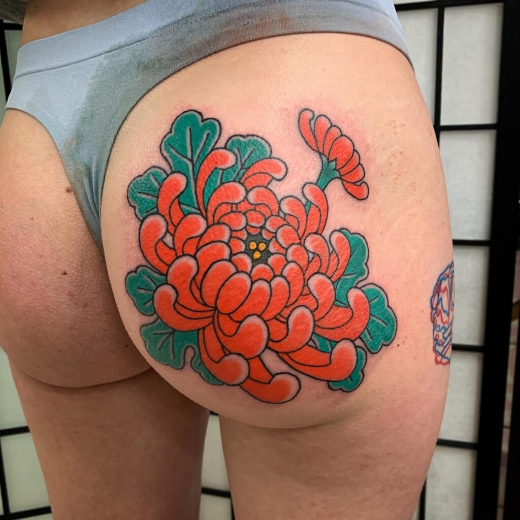 Bold Red Peony Hip Tattoo with Graphic Leaves Tattoo Design