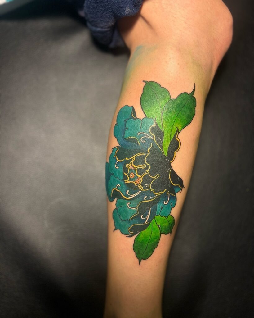 Bold Teal Peony with Gold Lining Tattoo Tattoo Design