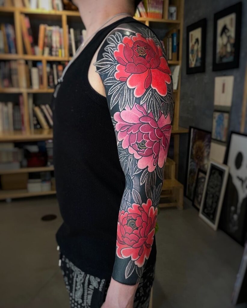 Classic Red Peony Full Sleeve Tattoo Tattoo Design