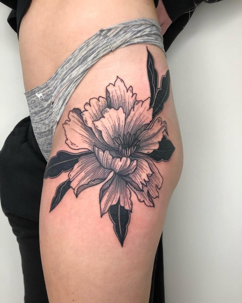 Fine Line Japanese Peony Thigh Tattoo Tattoo Design
