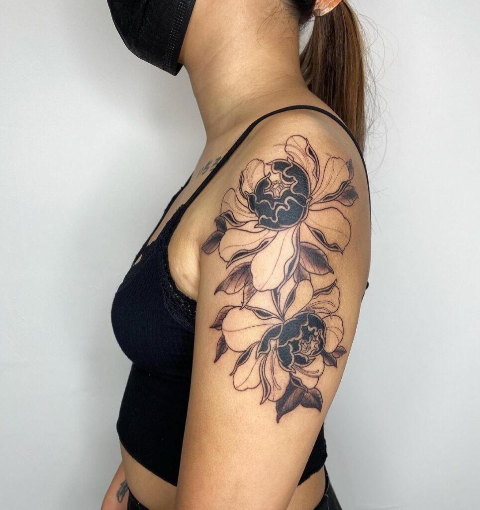 Flowing Twin Peony Shoulder Tattoo Tattoo Design