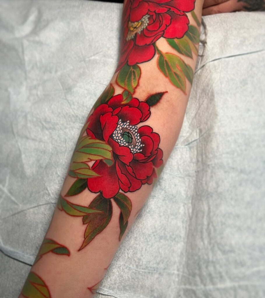 Full Bloom Japanese Peony Sleeve Tattoo Tattoo Design