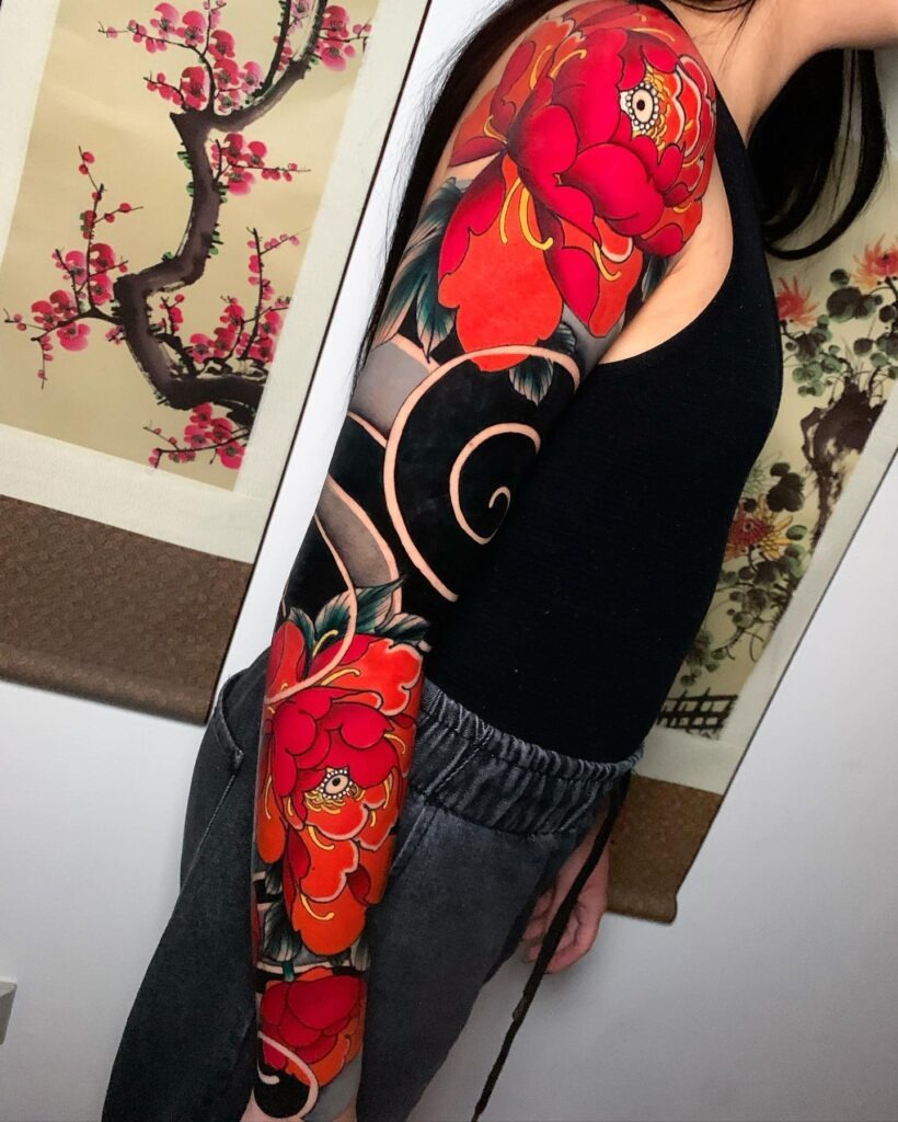 Full Sleeve Peony Tattoo with Bold Spiral Background Tattoo Design