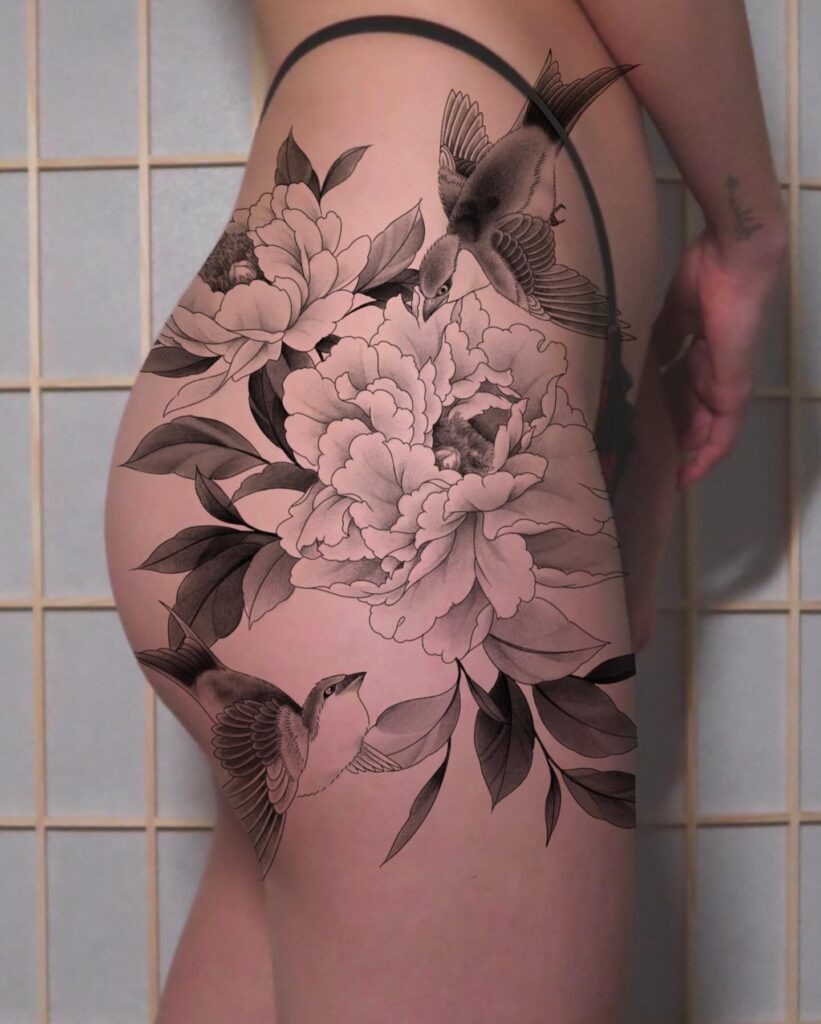 Graceful Peony and Bird Hip-to-Thigh Tattoo Tattoo Design