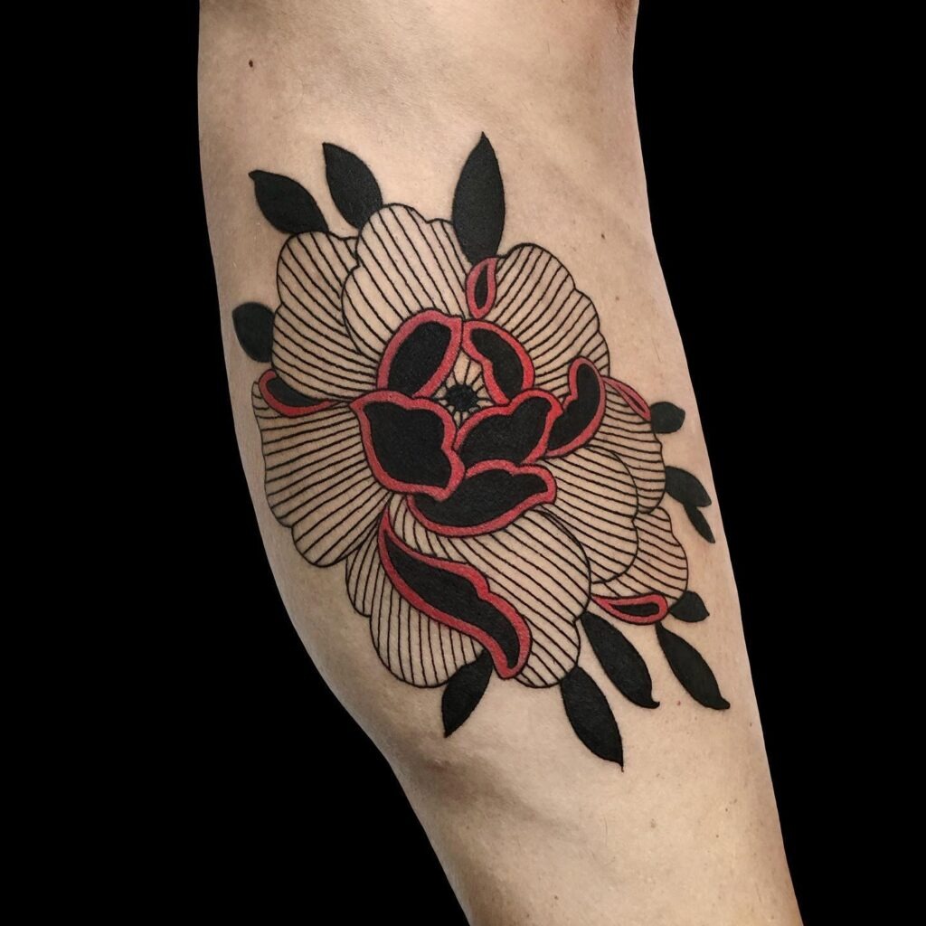 Graphic Peony Tattoo with Linework and Bold Fills Tattoo Design