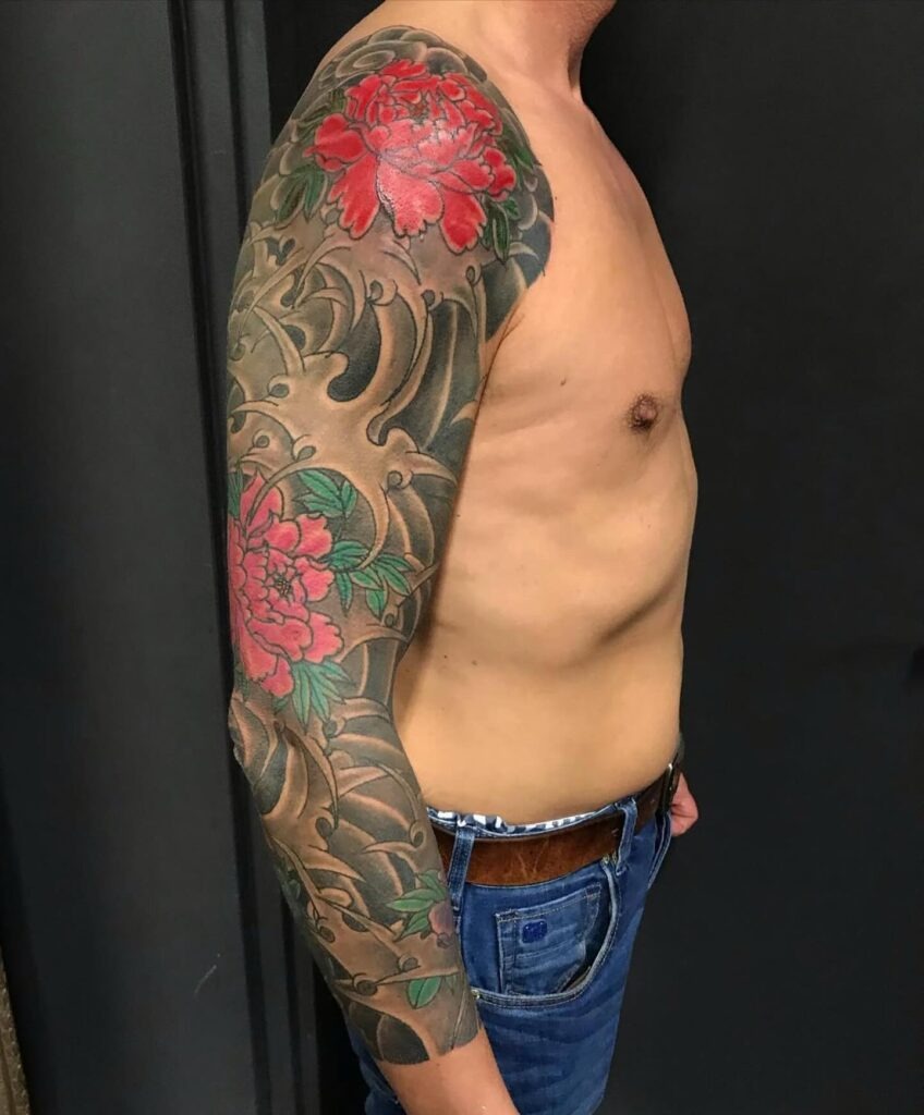 Japanese Peony and Water Sleeve Tattoo Tattoo Design
