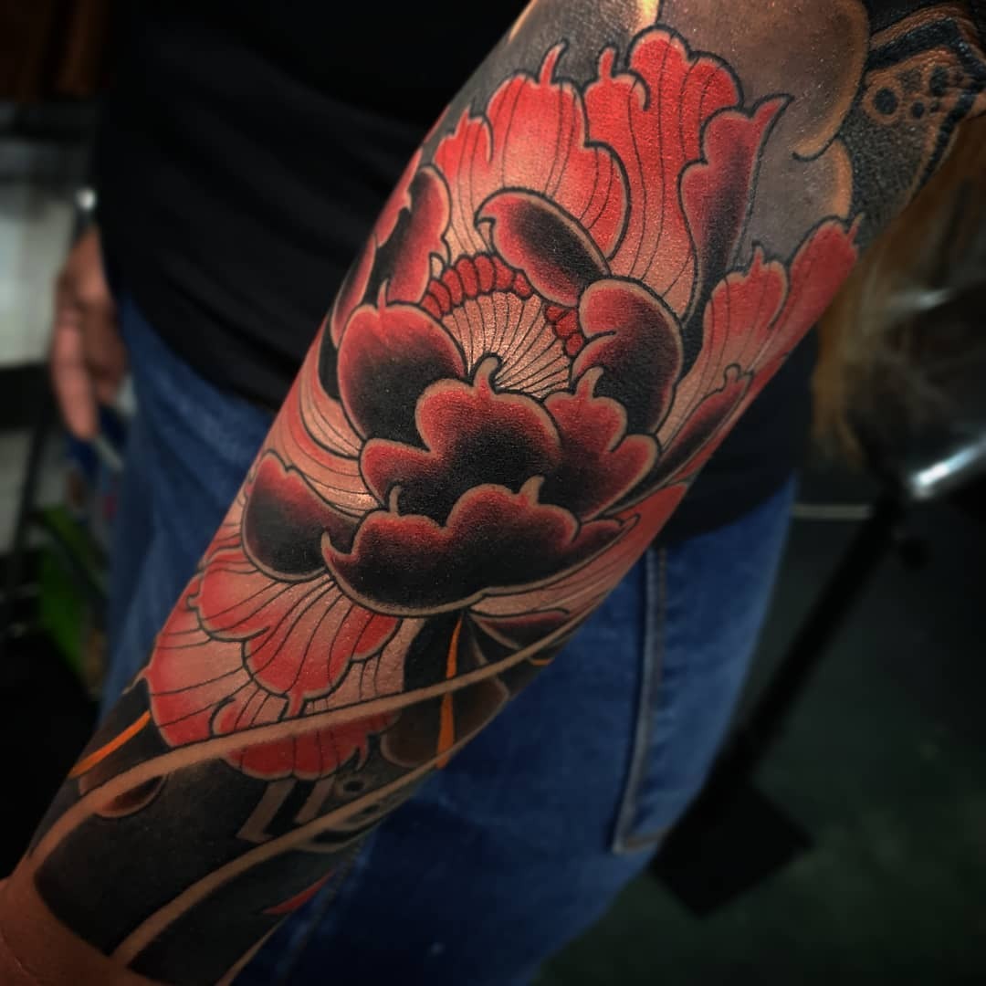Shaded Crimson Peony Forearm Tattoo Tattoo Design