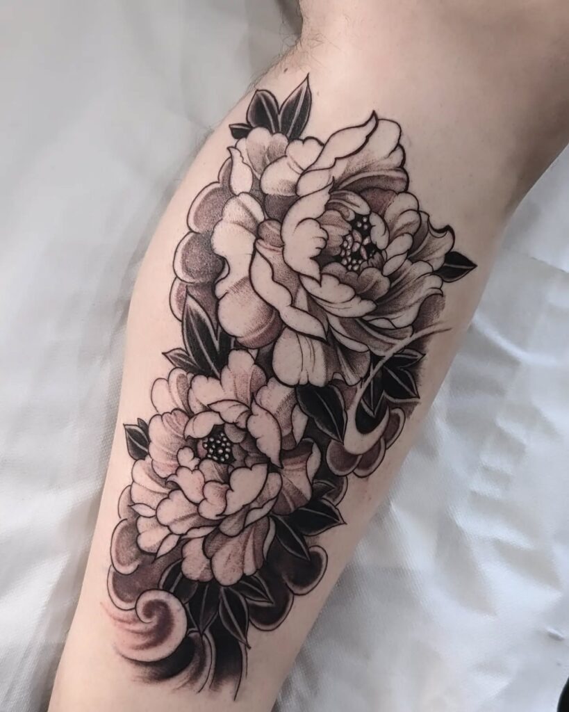 Shaded Peony Pair with Flowing Wind Bars Tattoo Design