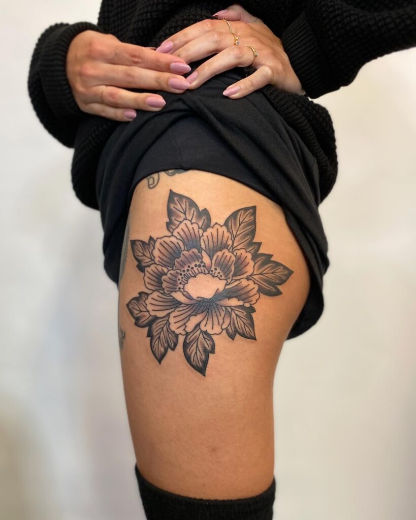 Single Peony Blossom Thigh Tattoo Tattoo Design