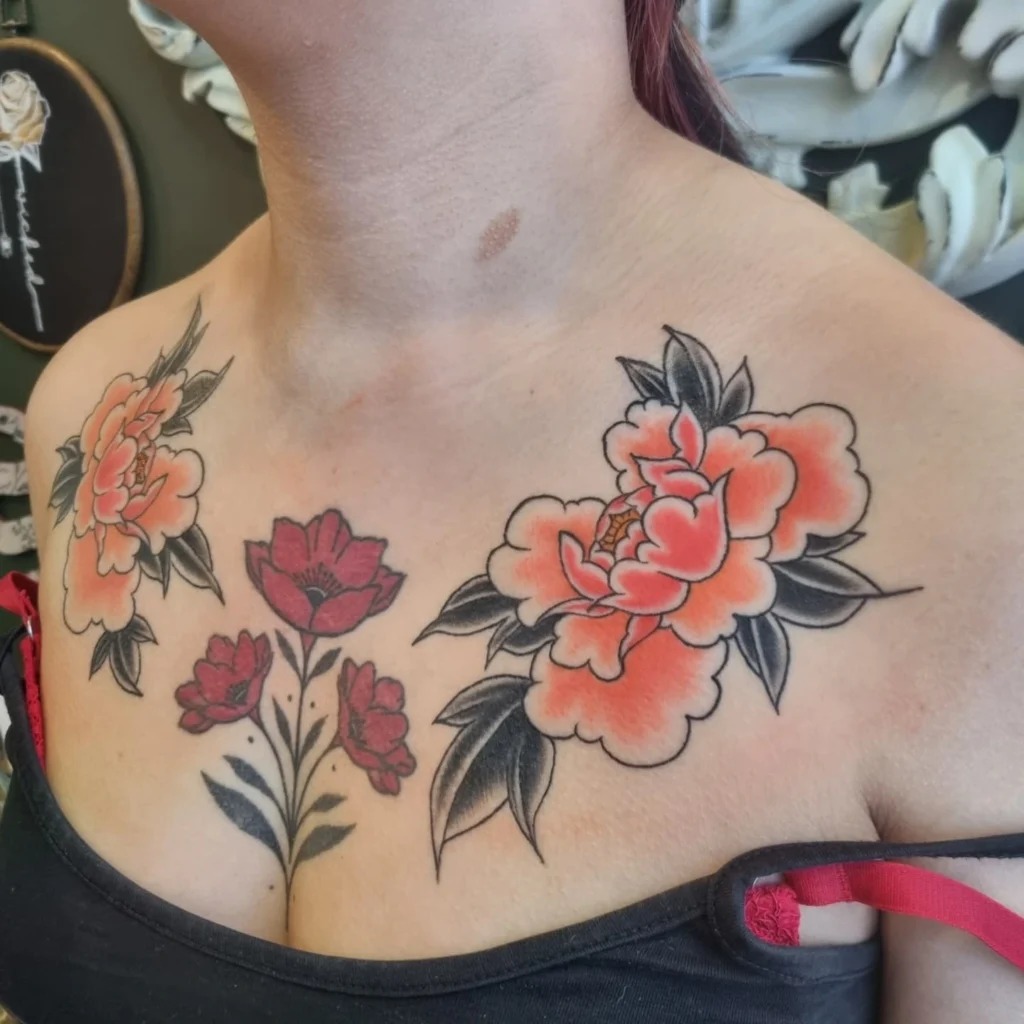Soft Gradient Peony Collarbone Tattoo Tattoo Design