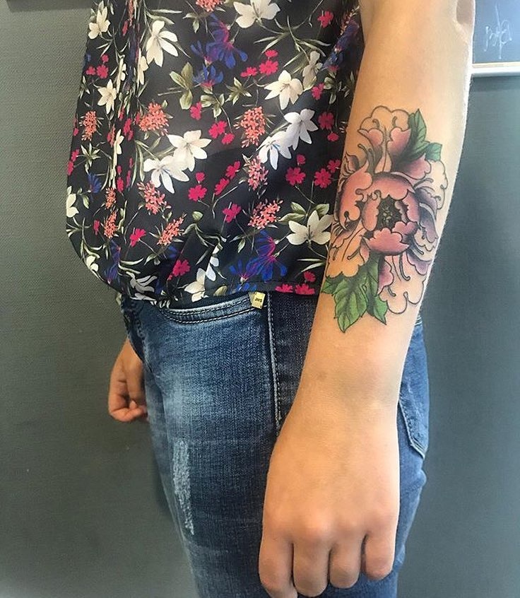 Soft Pink Peony Forearm Tattoo with Delicate Shading Tattoo Design