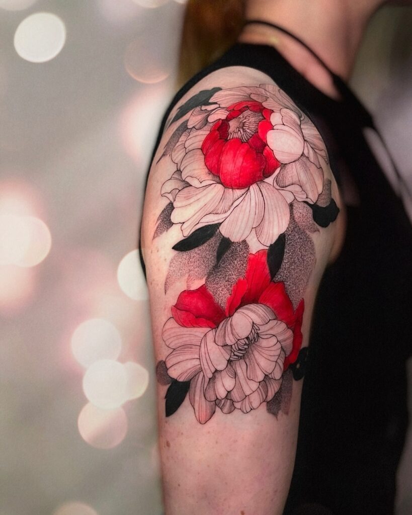 Soft Red and Dotwork Peony Shoulder Tattoo Tattoo Design