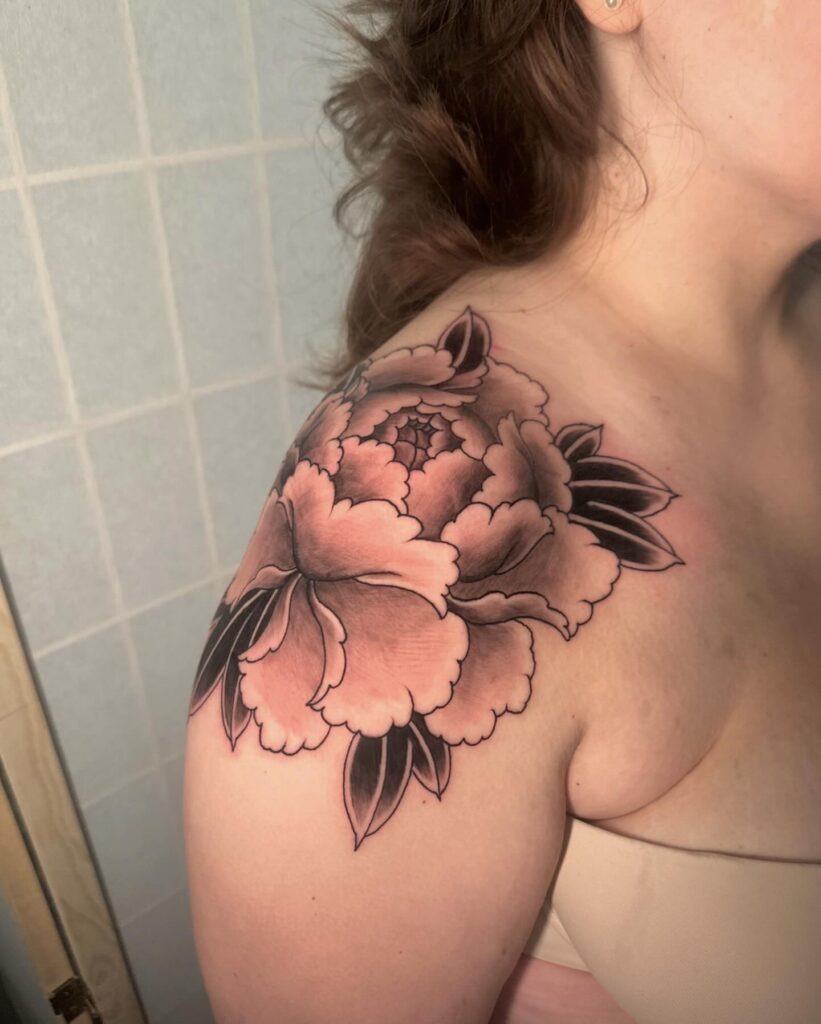 Softly Shaded Peony Tattoo on Shoulder Tattoo Design