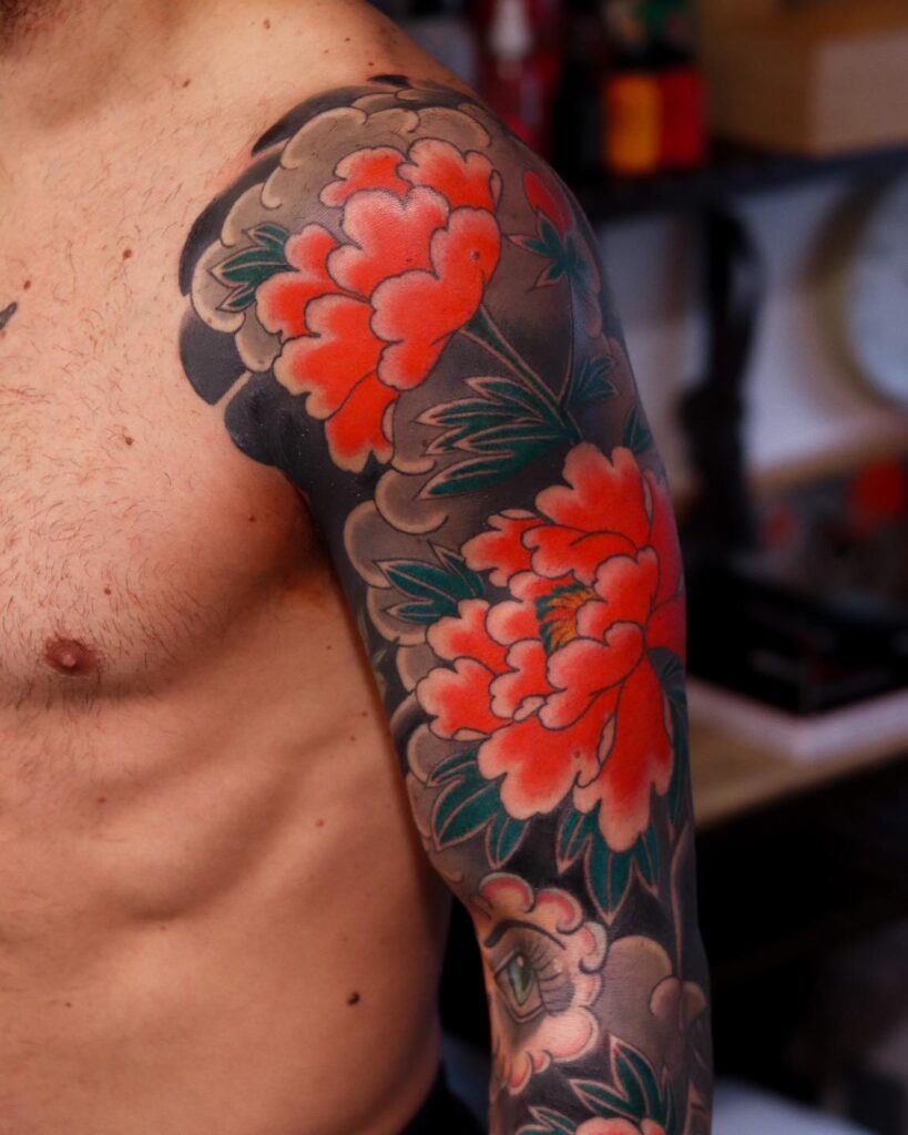 Traditional Irezumi Peony Sleeve with Cloud Motifs Tattoo Design