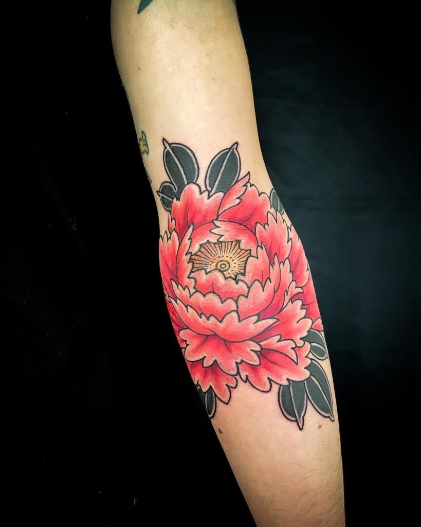Vibrant Red Peony with Golden Core Tattoo Tattoo Design