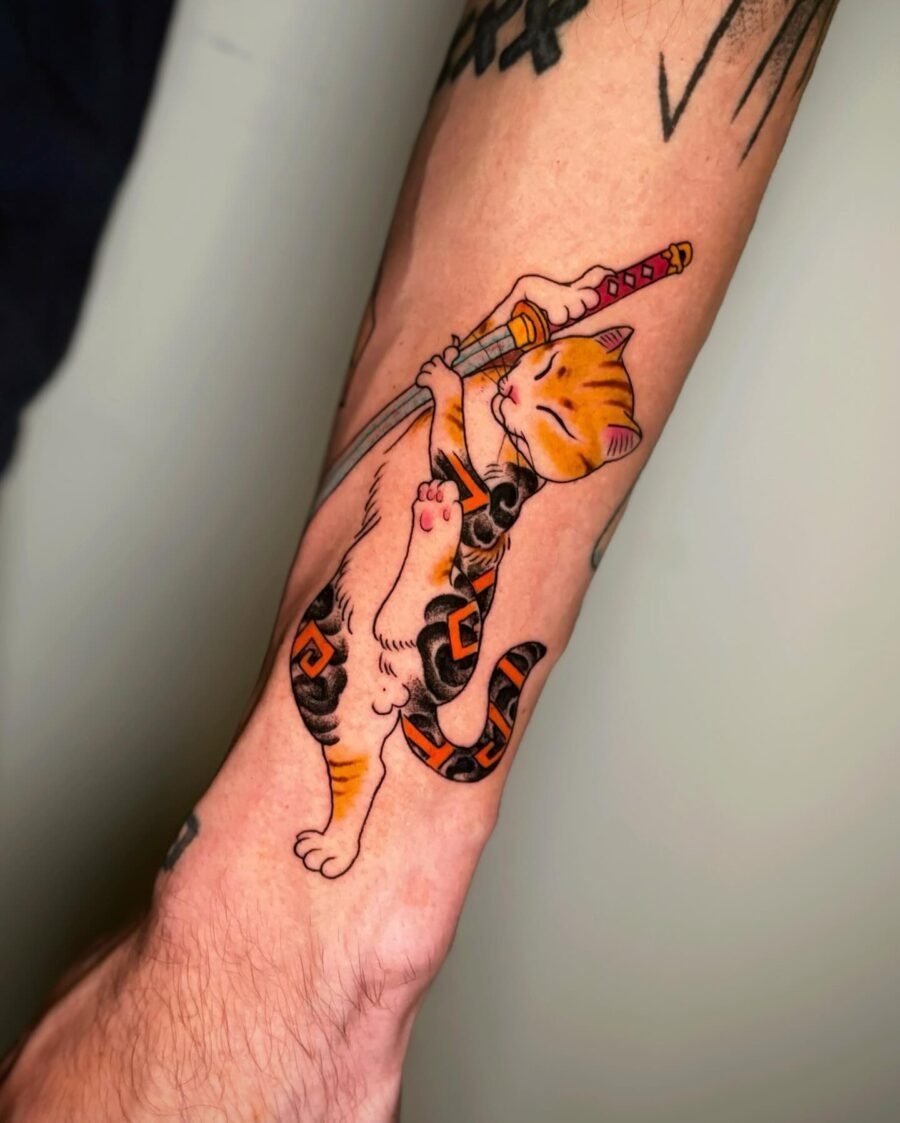 Adorable Samurai Cat Tattoo Showcase Tattoo Design
