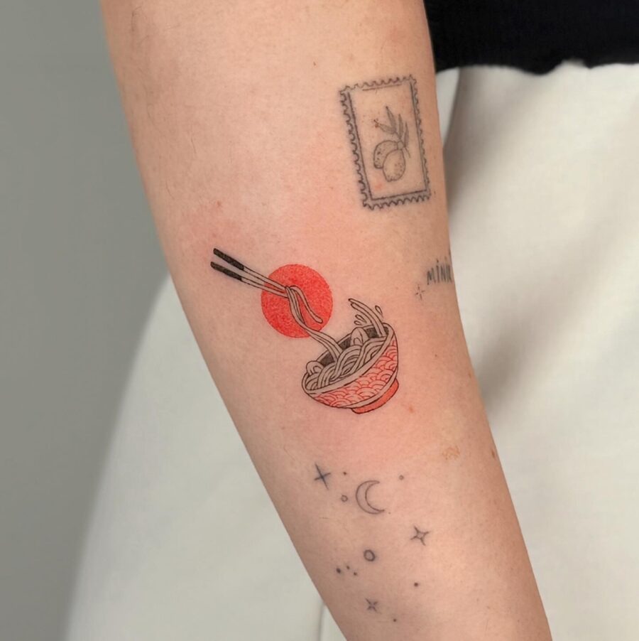Artful noodle bowl with chopsticks and sun Tattoo Design