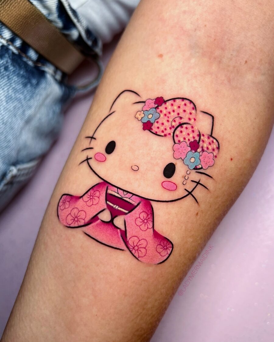 Charming Hello Kitty in Traditional Kimono Style Tattoo Design