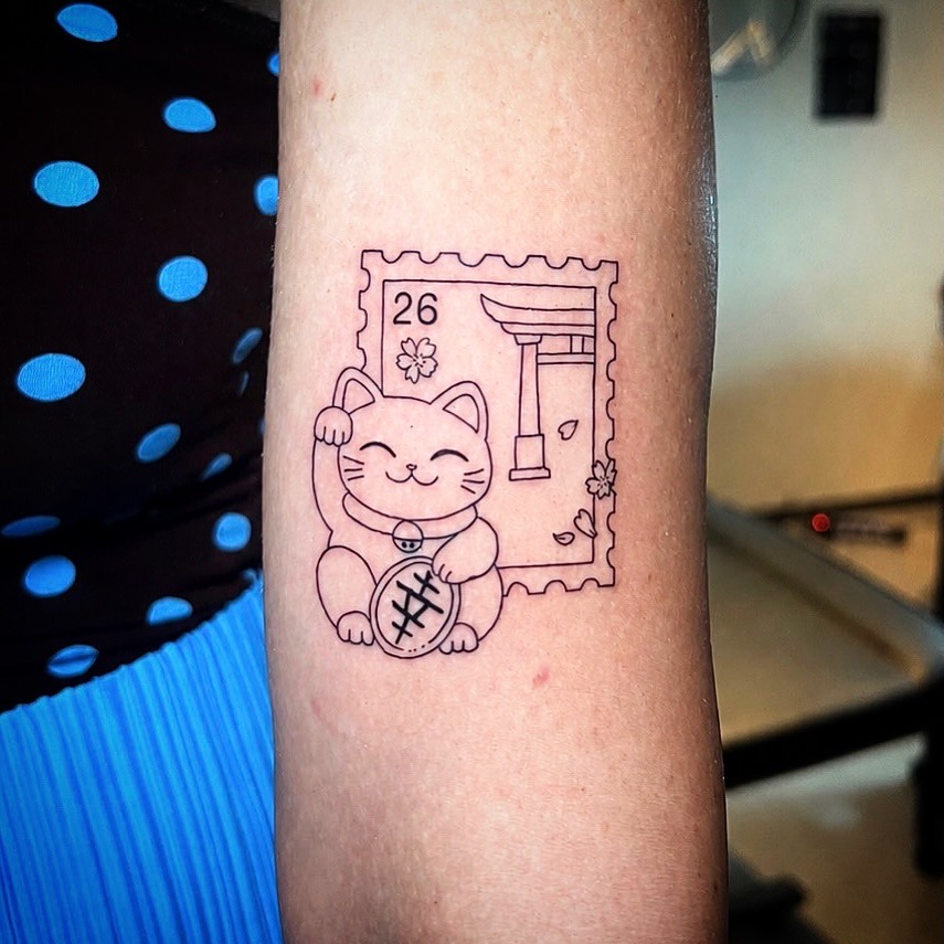 Charming Japanese cat tattoo with postage design Tattoo Design