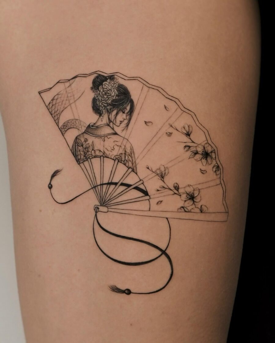 Delicate fan tattoo with elegant woman silhouette Tattoo Design