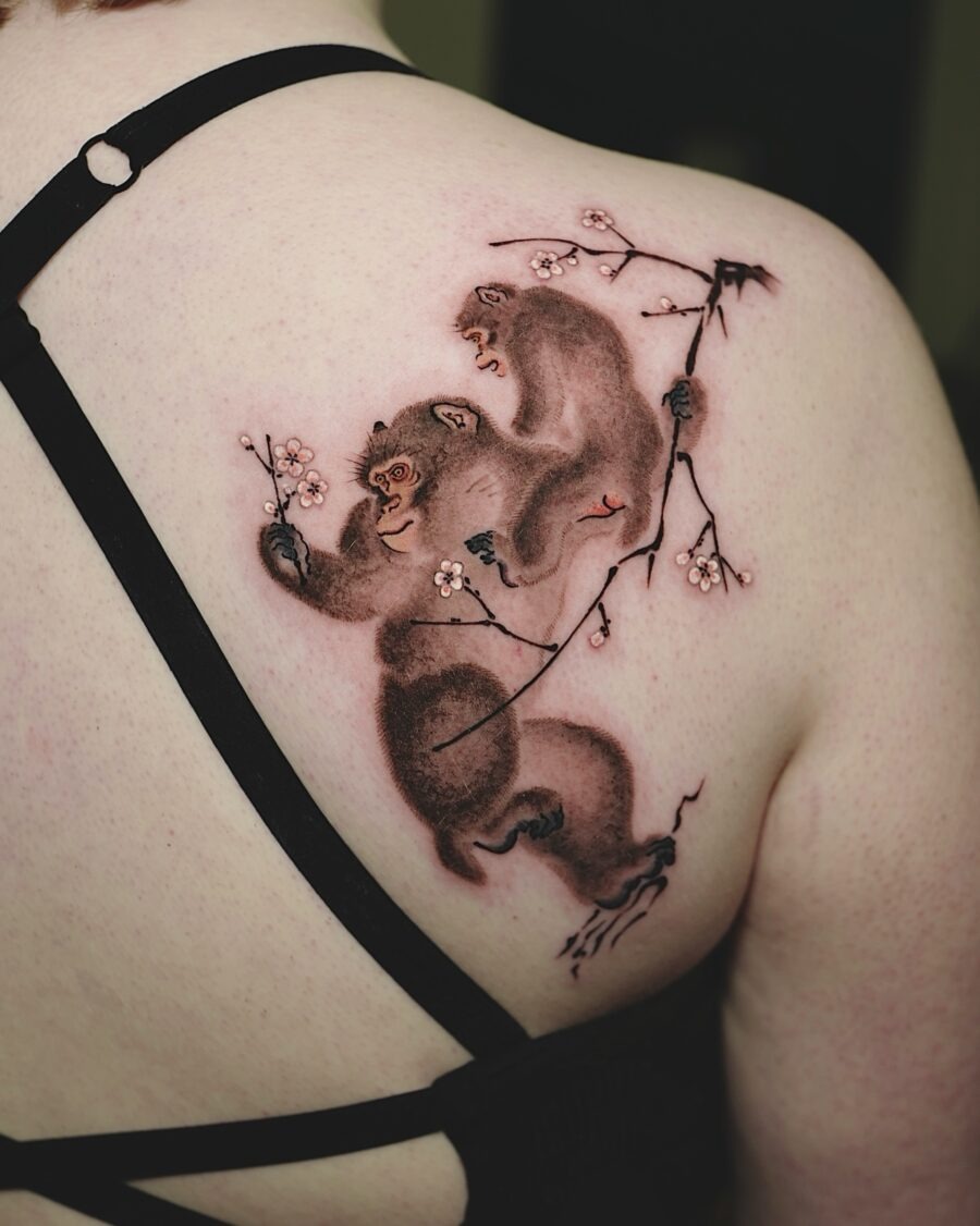 Dynamic bear tattoo with cherry blossoms Tattoo Design