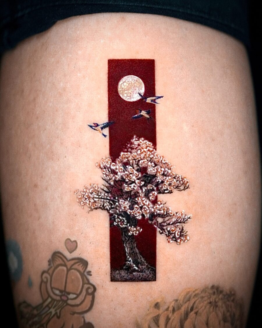 Elegant cherry blossom tattoo with moonlit background Tattoo Design