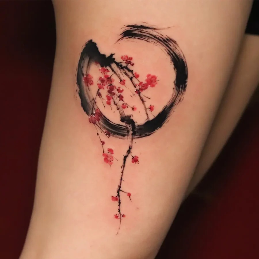 Elegant cherry blossoms with artistic ink swirls Tattoo Design