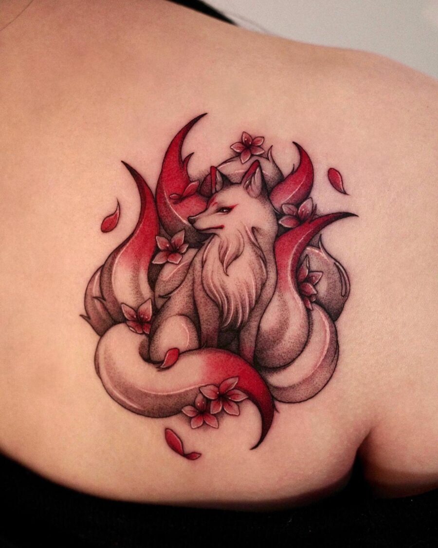 Elegant fox tattoo with cherry blossoms Tattoo Design