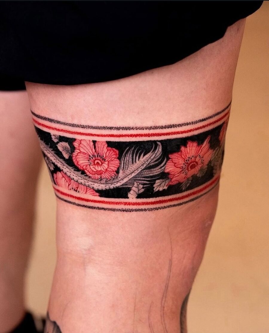 Elegant Japanese floral tattoo on the thigh Tattoo Design