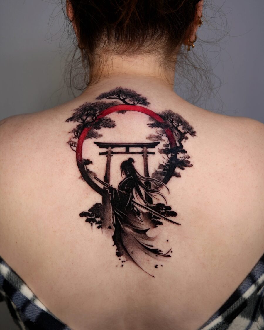 Elegant Japanese silhouette tattoo featuring a torii gate Tattoo Design