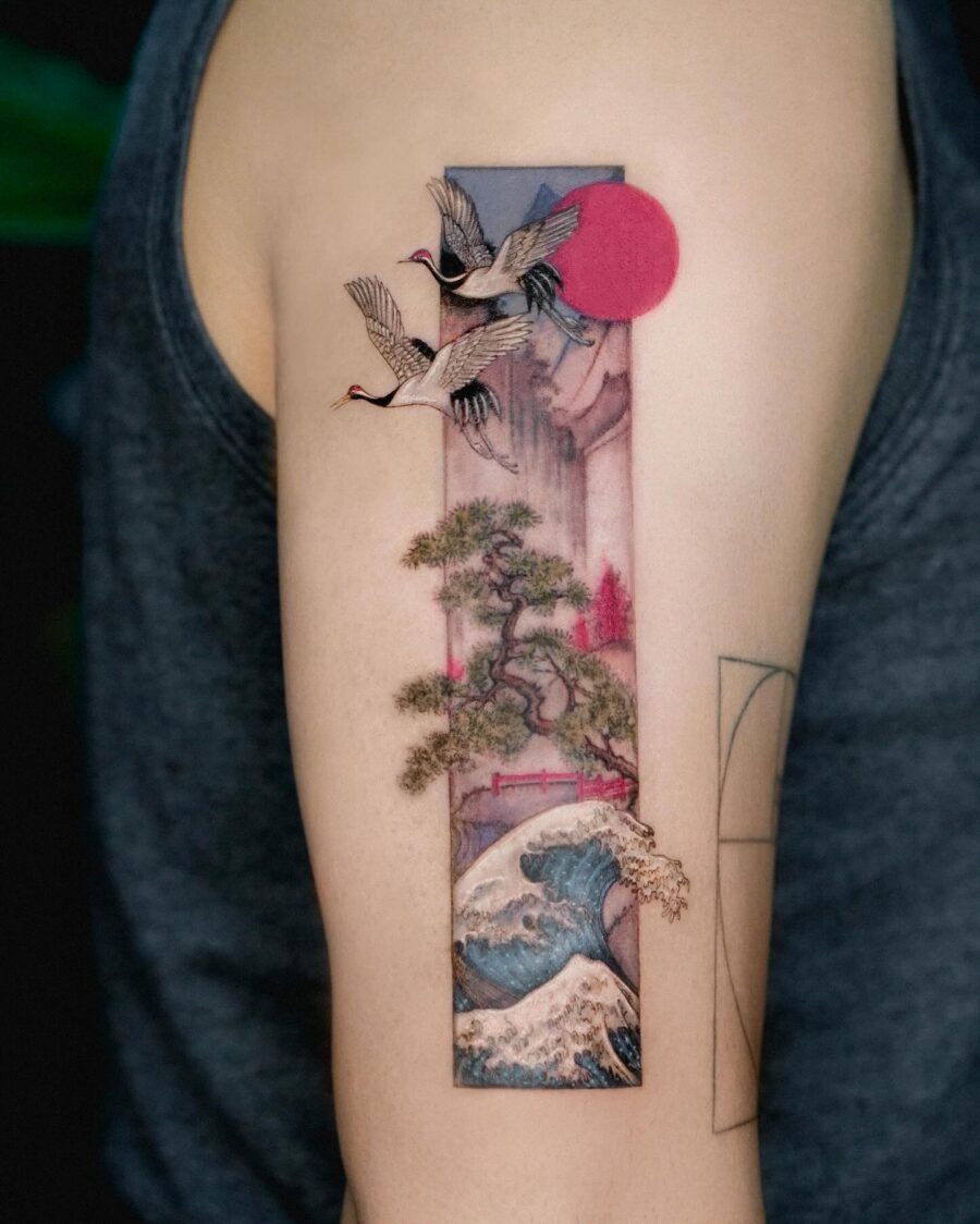 Elegant Japanese tattoo featuring cranes and waves Tattoo Design