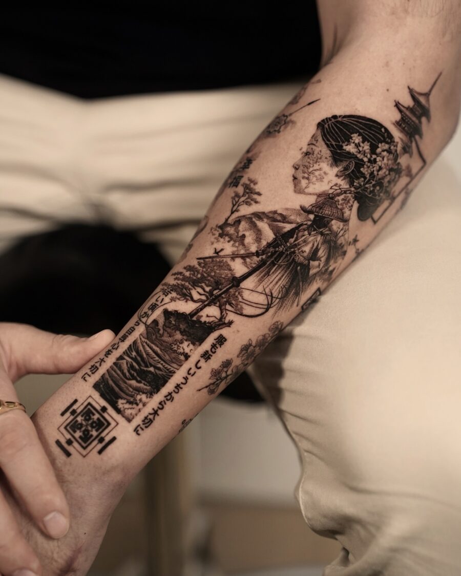 Elegant Japanese Tattoo Featuring Woman and Nature Tattoo Design