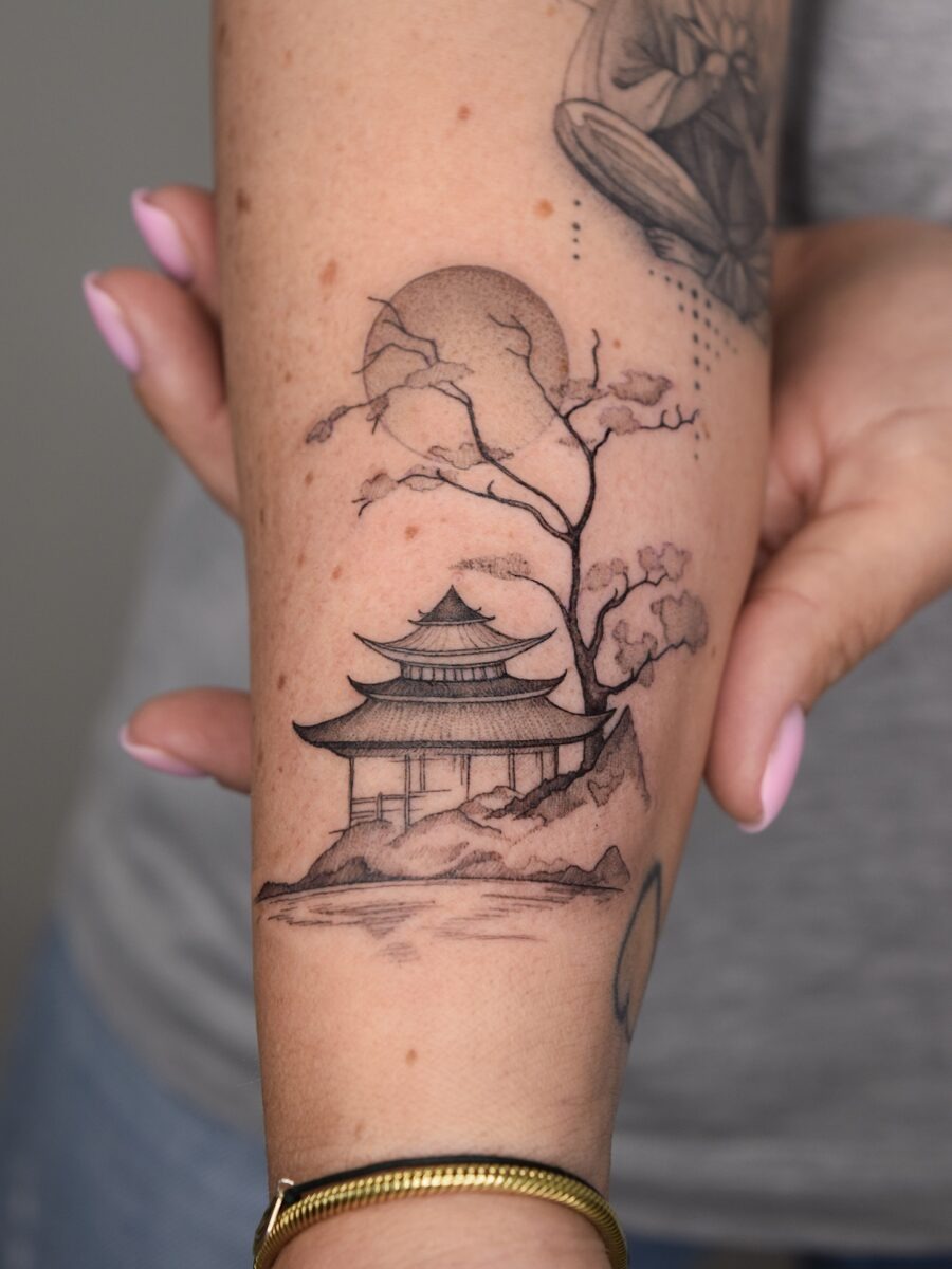Elegant Japanese temple with serene surroundings Tattoo Design