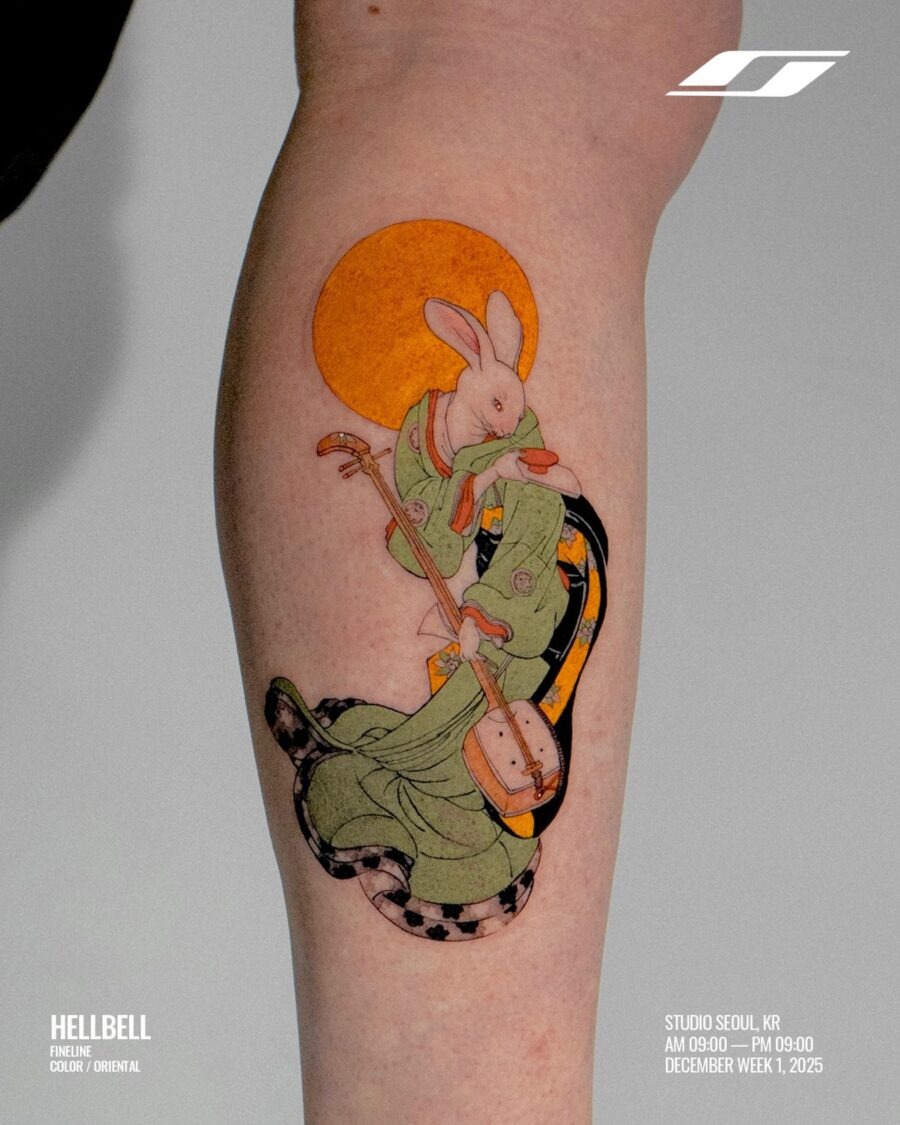 Elegant rabbit and snake tattoo in vibrant colors Tattoo Design
