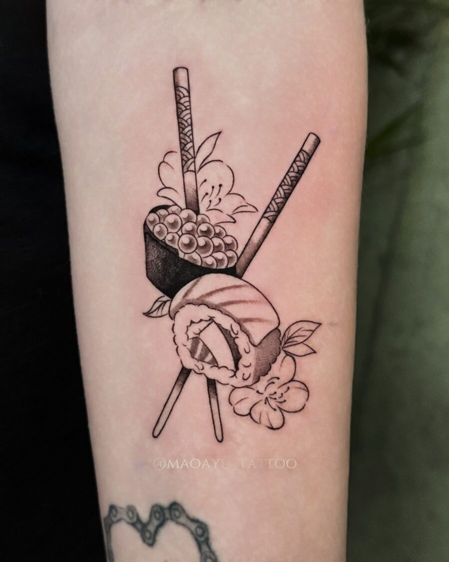 Elegant sushi tattoo with chopsticks and flowers Tattoo Design