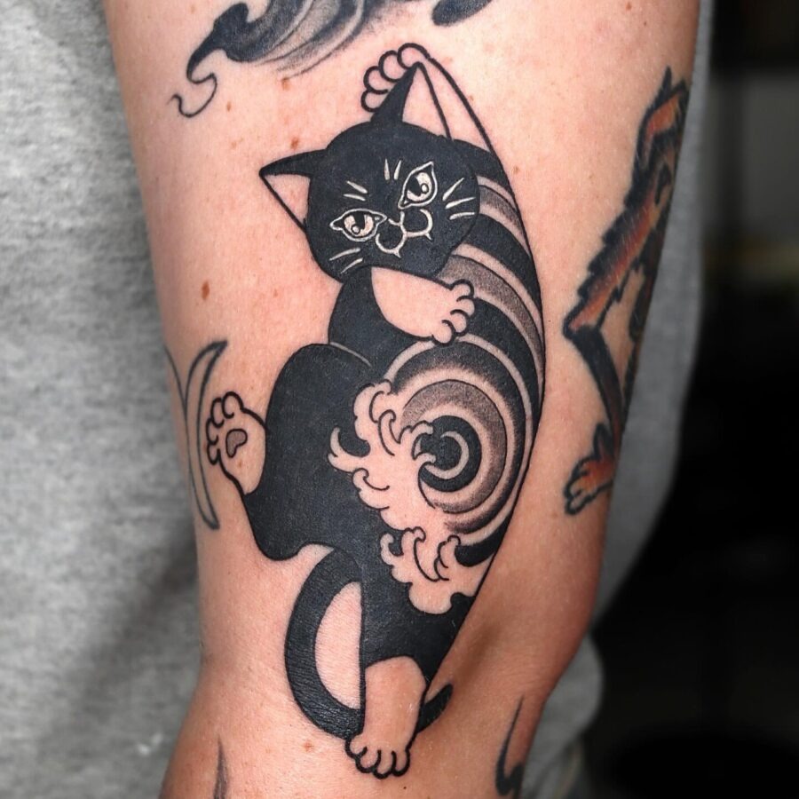 Intricate Japanese-style black cat tattoo design Tattoo Design