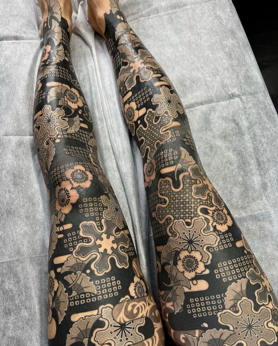 Intricate Japanese Tattoo Design on Full Legs Tattoo Design