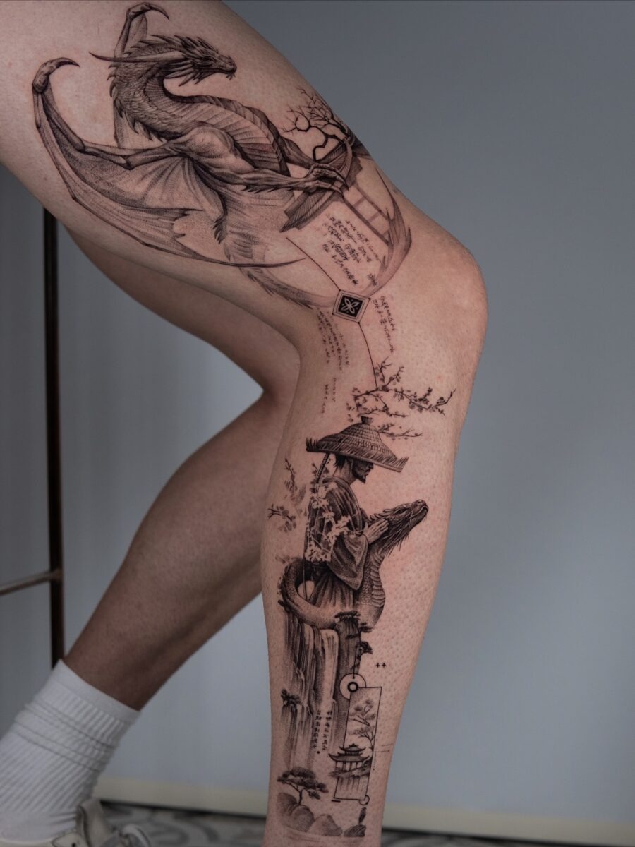 Intricate Japanese Tattoo Featuring Dragon and Samurai Tattoo Design