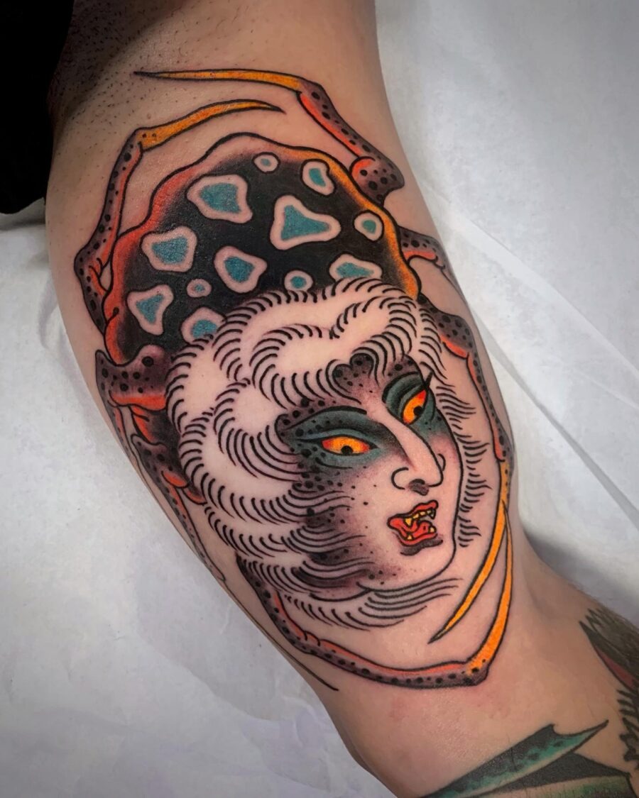 Intricate Japanese tattoo featuring Hannya mask Tattoo Design
