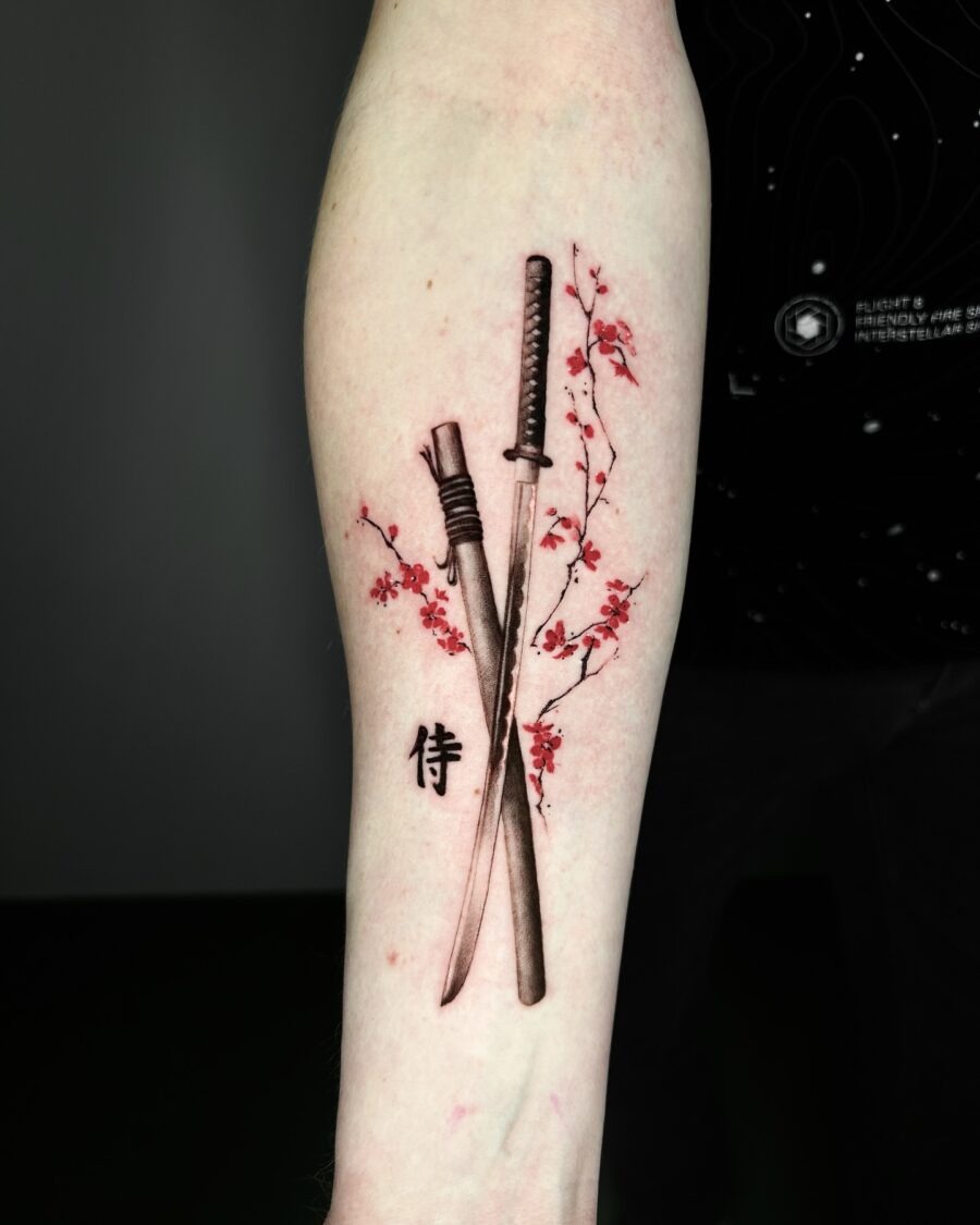 Intricate samurai swords with delicate cherry blossoms Tattoo Design