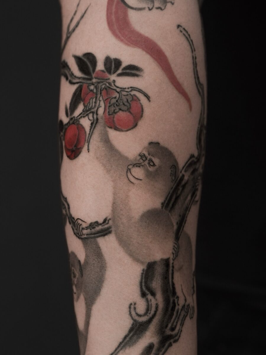 Japanese tattoo featuring playful macaques and fruit Tattoo Design