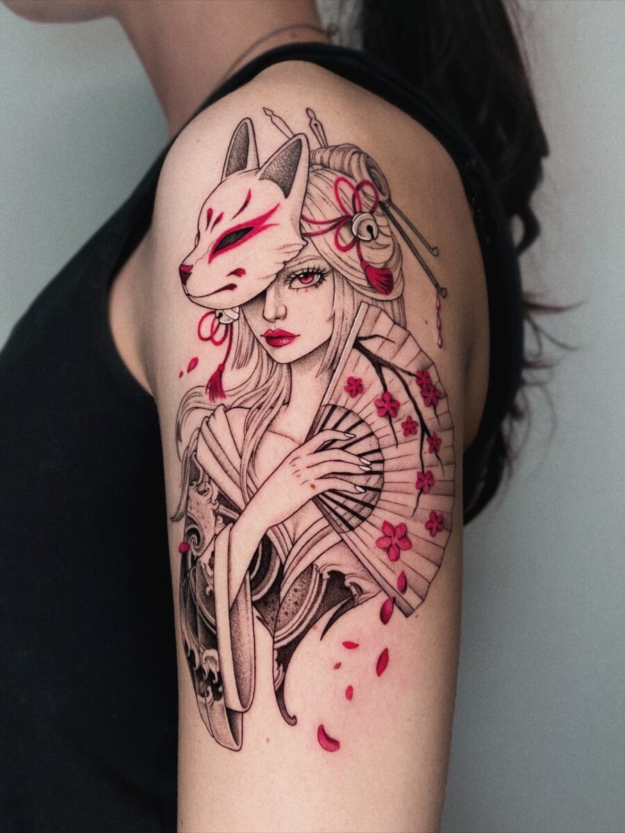 Mesmerizing fox spirit tattoo with floral accents Tattoo Design