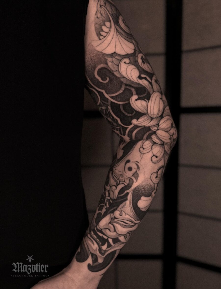 Stunning Blackwork Japanese Tattoo on Arm Tattoo Design