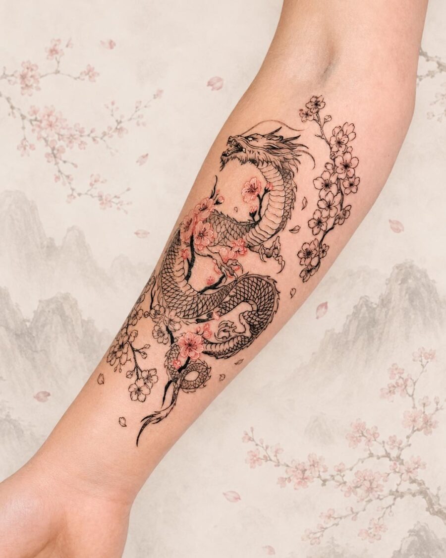 Stunning dragon and cherry blossom tattoo art Tattoo Design