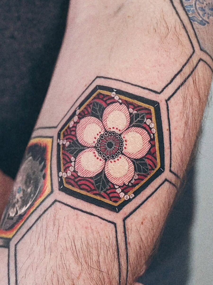 Stunning hexagonal floral Japanese tattoo design Tattoo Design