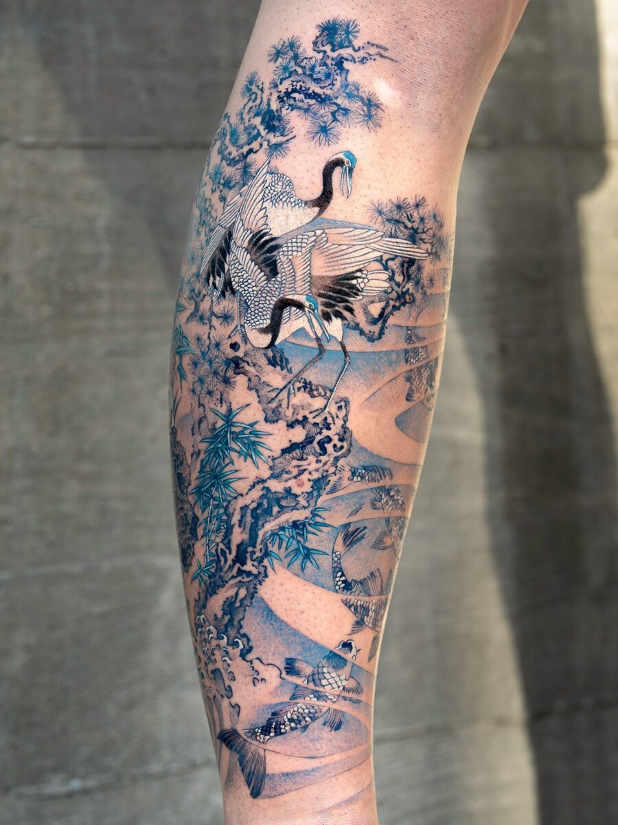 Stunning Japanese Crane and Bamboo Tattoo Design Tattoo Design
