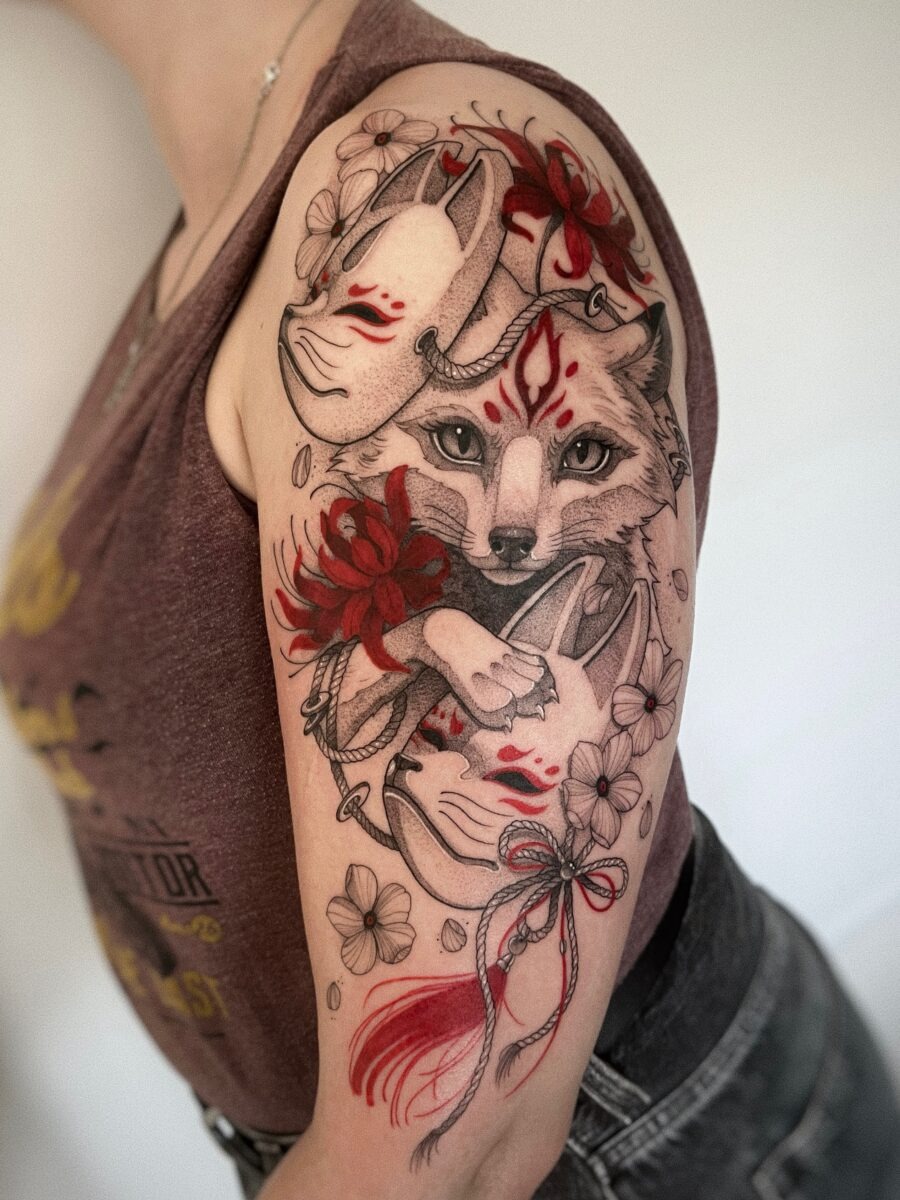 Stunning Japanese Fox Mask Tattoo with Flowers Tattoo Design