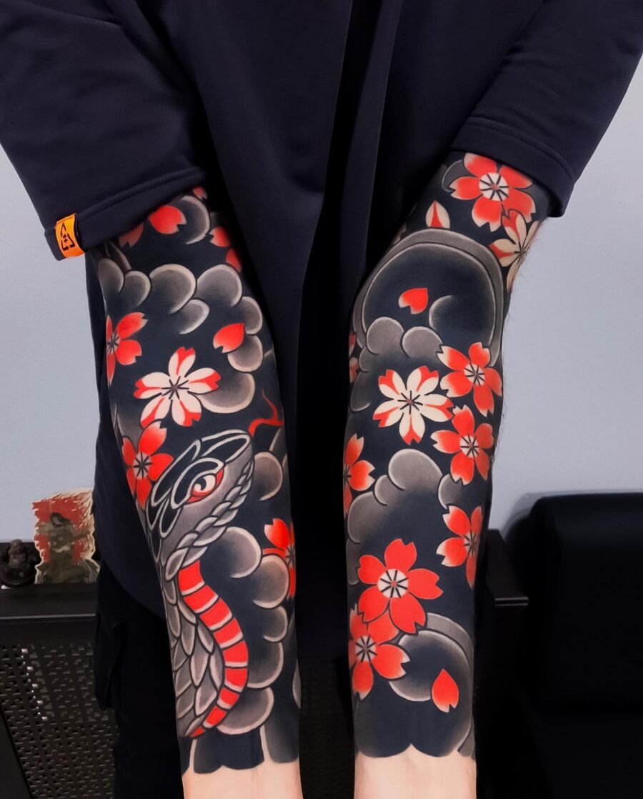 Stunning Japanese Snake and Cherry Blossom Tattoo Tattoo Design